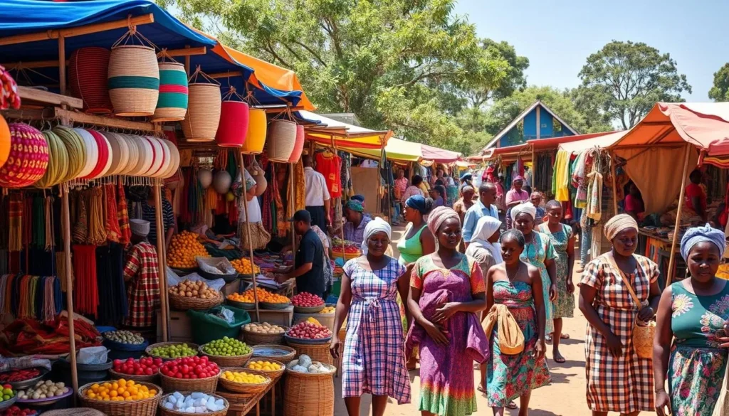 Vibrant weekly market in Imerintsiatosika with colorful stalls selling local crafts and produce