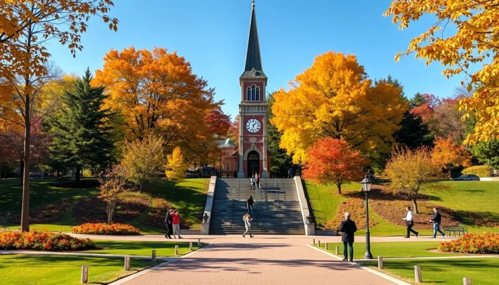 Victoria Park in Kitchener during fall with colorful autumn foliage and the clock tower