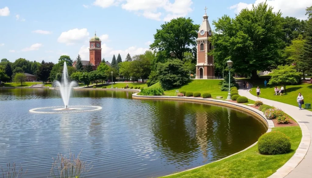 Victoria Park in Kitchener showing the lake, walking paths and historic clock tower