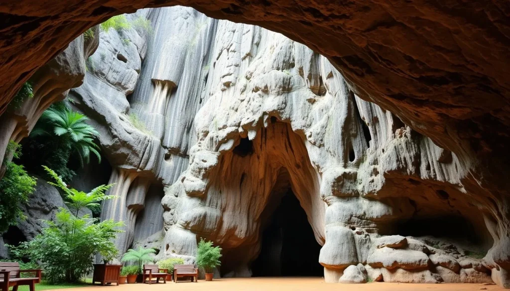 Vieng Xai caves entrance with limestone karst formations