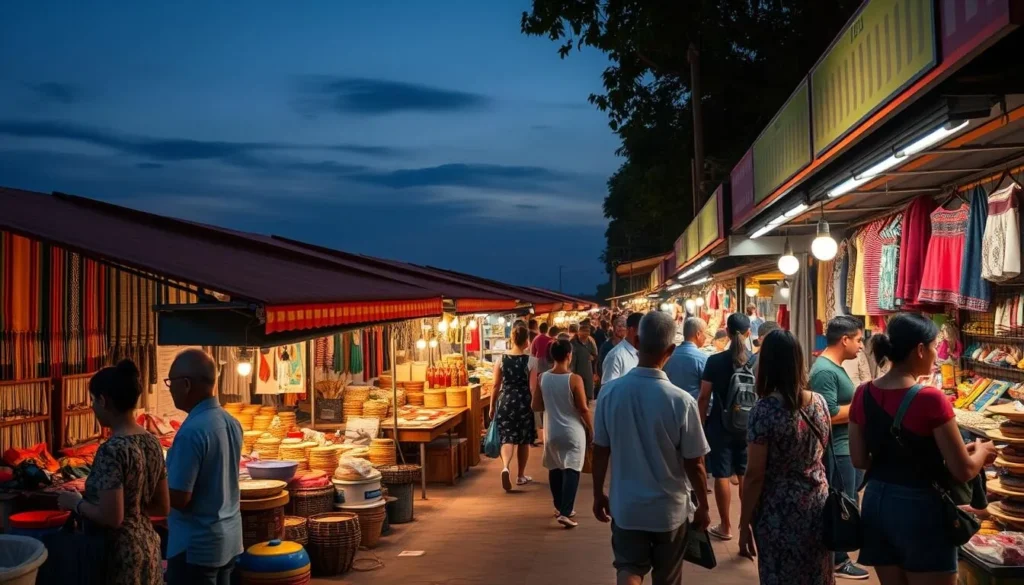 Vientiane Night Market along the Mekong River with colorful stalls