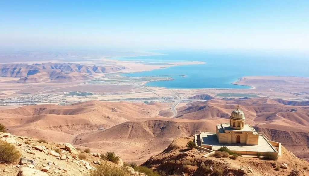View from Mount Nebo overlooking the Jordan Valley and Dead Sea on a clear day View from Mount Nebo overlooking the Jordan Valley and Dead Sea on a clear day