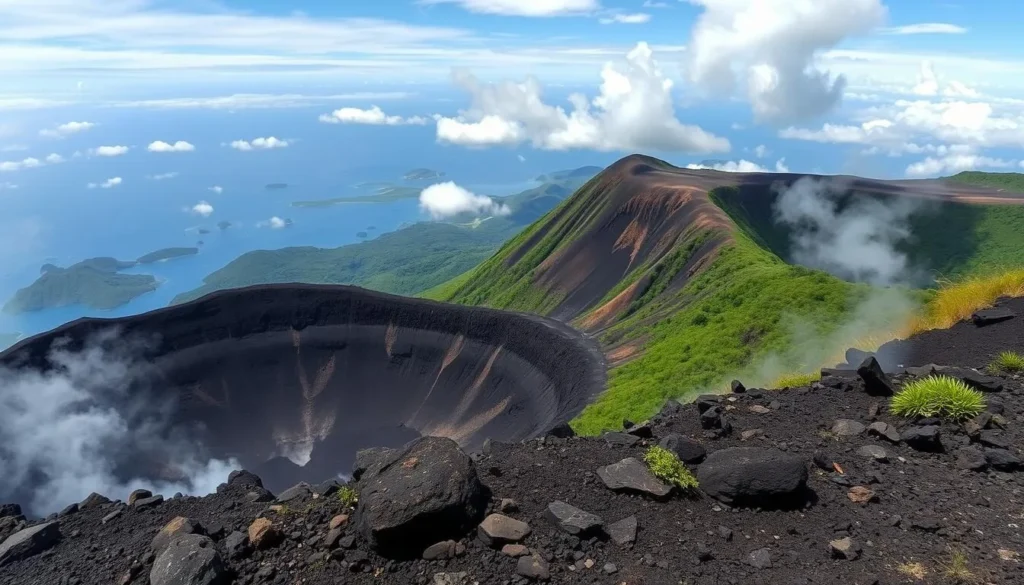 View from Una Una volcano crater with steam vents visible and panoramic views of surrounding islands View from Una Una volcano crater with steam vents visible and panoramic views of surrounding islands