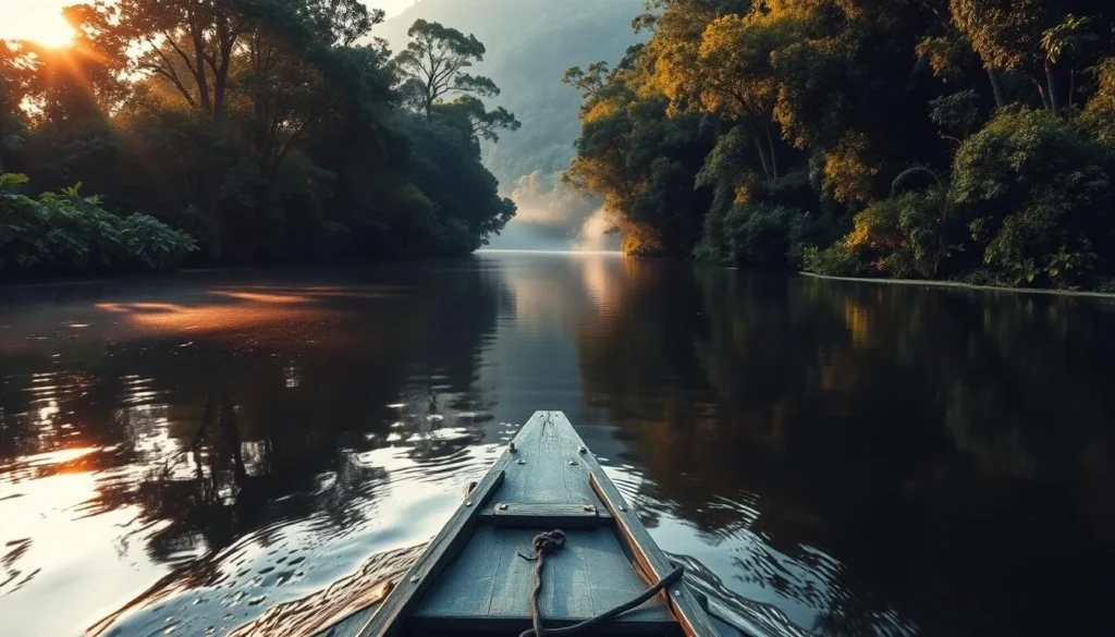 View from klotok boat cruising along the black water section of Sekonyer River surrounded by dense jungle