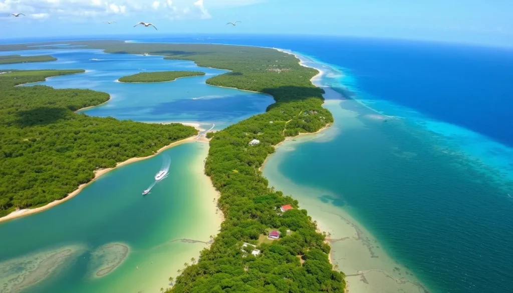 View from the observation tower at Isla Contoy showing the island's lagoons and mangroves