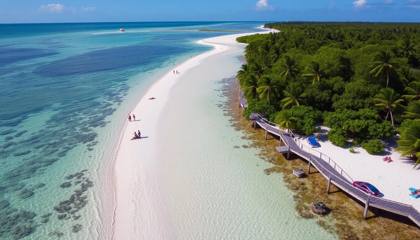 View of Anne's Beach in Islamorada Florida showing the boardwalk stretching through mangroves and the shallow turquoise waters