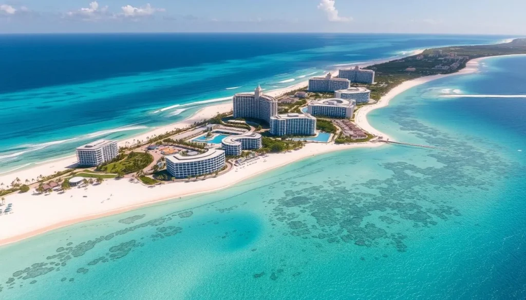 View of Cancun hotel zone with beaches, perfect base for Isla Contoy day trips