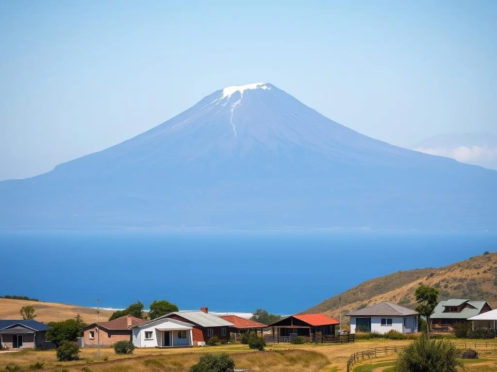 View of Chaitén town near Pumalin Park Chile with Chaitén volcano in background