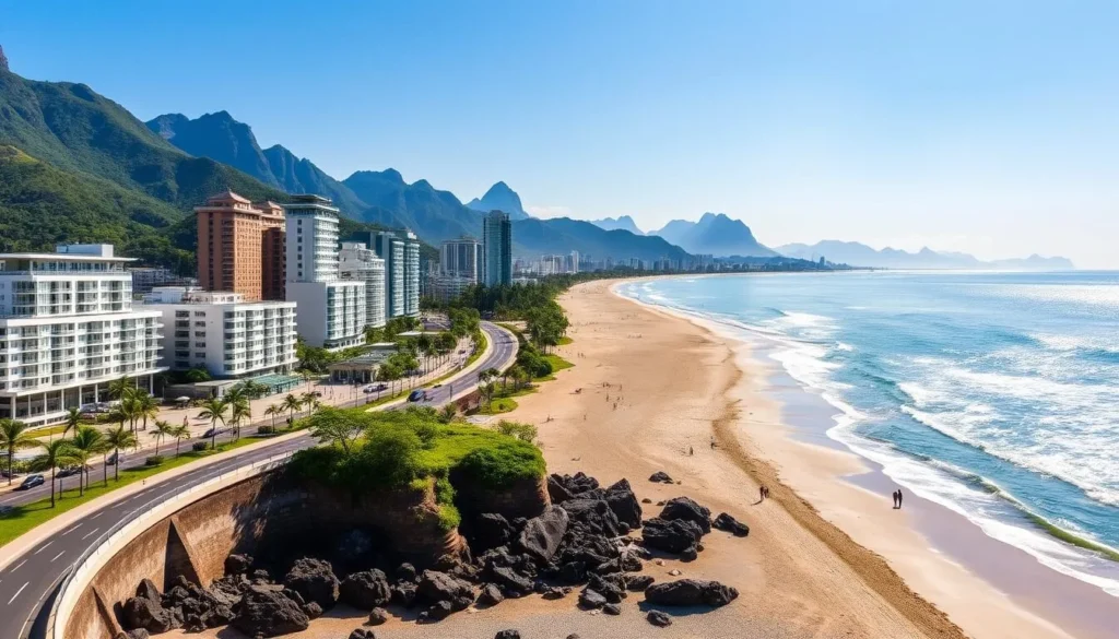 View of Icarai Beach in Niteroi with apartment buildings along the promenade and mountains in the background View of Icarai Beach in Niteroi with apartment buildings along the promenade and mountains in the background