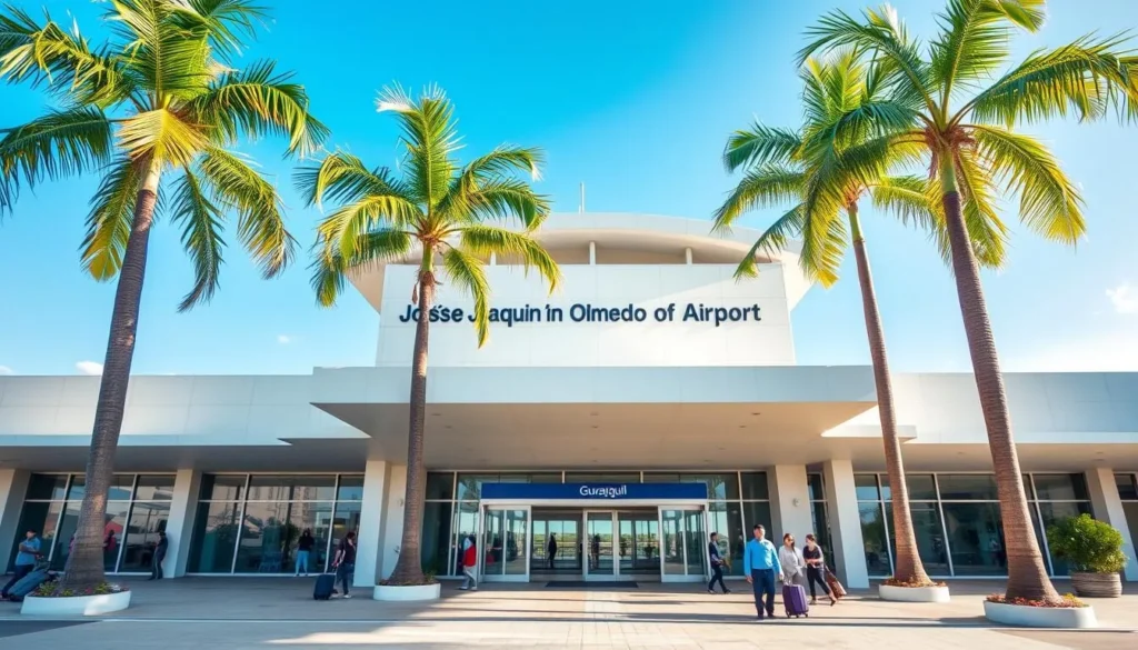 View of José Joaquín de Olmedo International Airport entrance in Guayaquil with palm trees and modern architecture