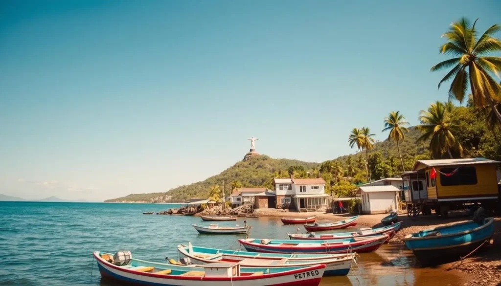 View of Jurujuba fishing village in Niteroi with Christ the Redeemer statue visible in the background View of Jurujuba fishing village in Niteroi with Christ the Redeemer statue visible in the background