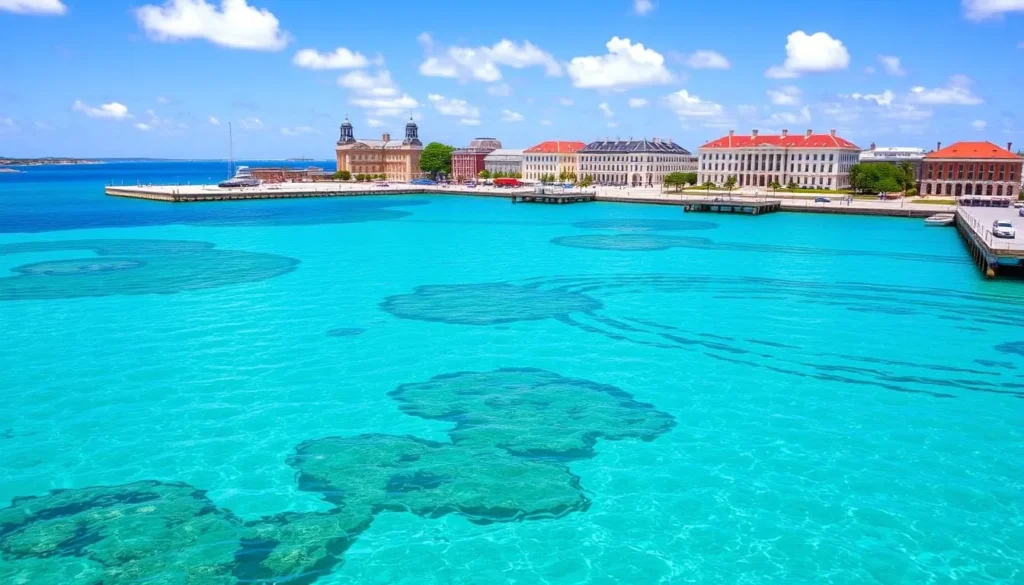 View of Kingston Pier on Norfolk Island with crystal clear waters and historic buildings in the background