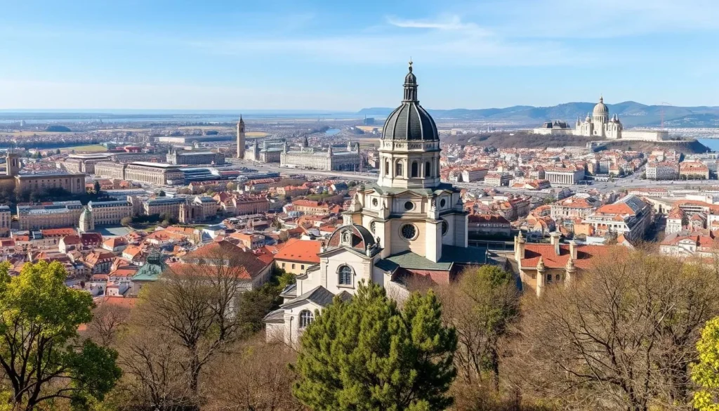 View of Lyon from Fourvière Hill with the basilica in the foreground on a clear spring day