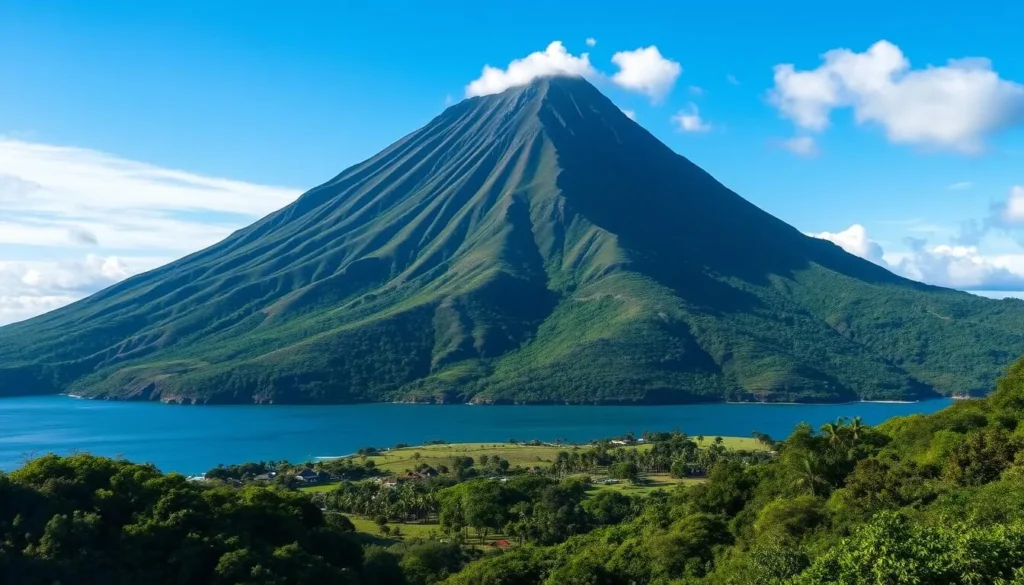 View of Mount Puke on Futuna Island with traditional village in foreground