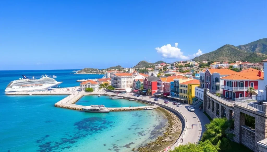 View of Philipsburg's colorful buildings and boardwalk from Fort Amsterdam