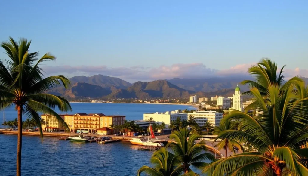 View of Ponce's waterfront with hotels visible, showing accommodation options near Isla de Caja de Muertos