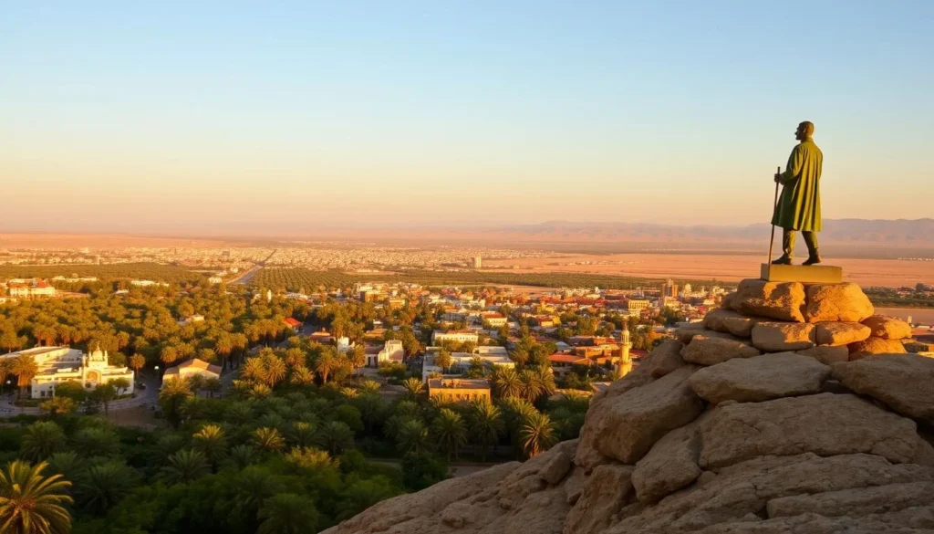 View of Tozeur from Ras El Aïn Park at sunset with palm groves visible