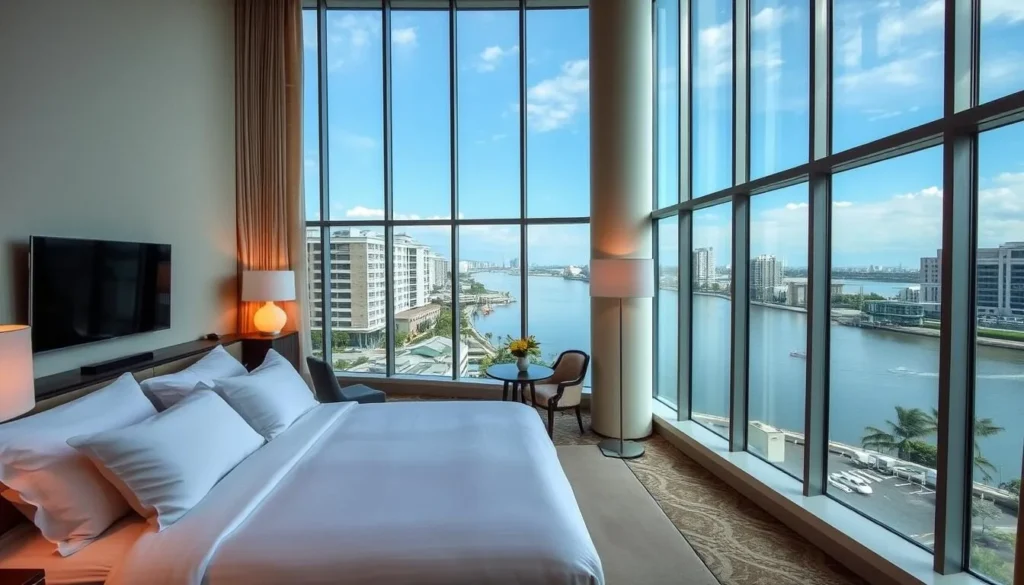View of a luxury hotel room in Guayaquil with river views and modern decor