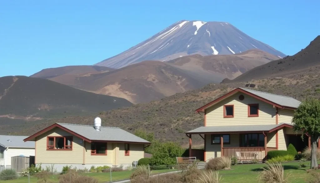View of accommodations in Whakapapa Village with Mount Ngauruhoe in the background View of accommodations in Whakapapa Village with Mount Ngauruhoe in the background