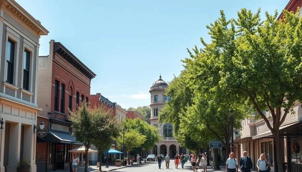 View of downtown Chico near Bidwell Mansion showing tree-lined streets and historic buildings