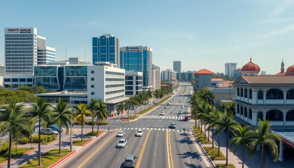 View of downtown Pekanbaru with modern buildings and traditional architecture