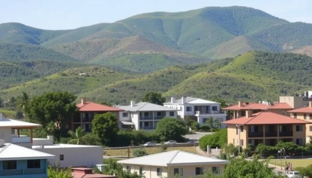 View of hotels near El Tepeyac National Park with the park visible in the background