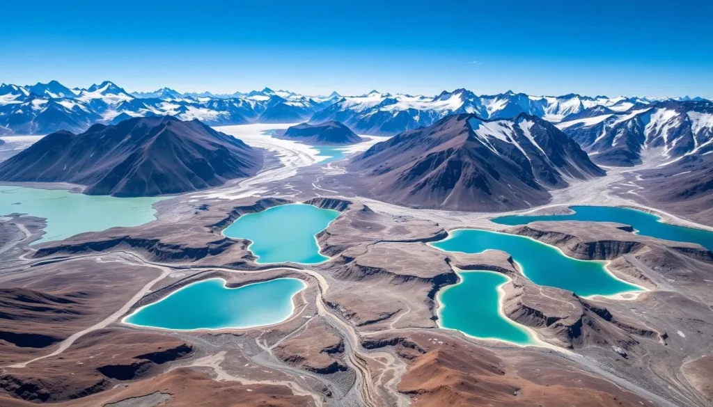 View of multiple glacial lakes in the Lunana region including Raphstreng Tsho
