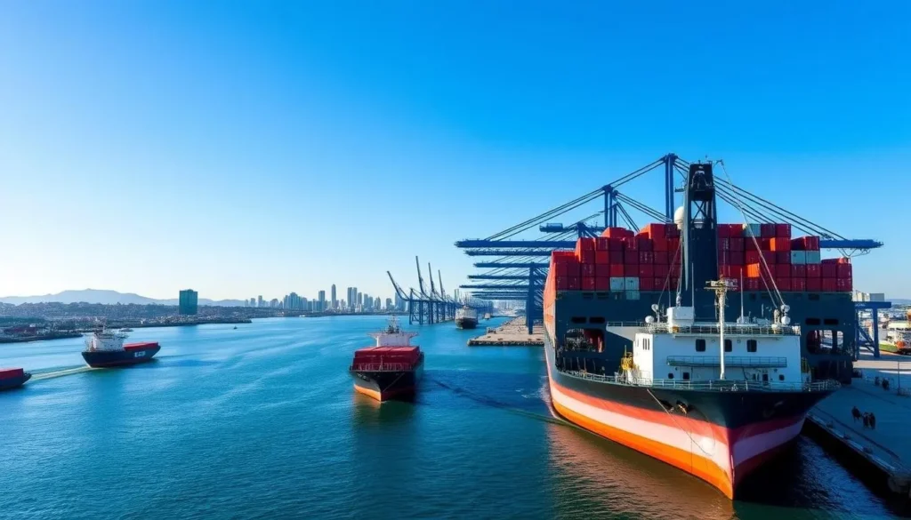 View of the Port of Santos with ships and the city skyline in the background View of the Port of Santos with ships and the city skyline in the background