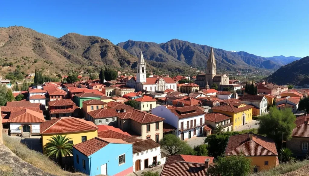 View of the historic mining town of Real del Monte with its colorful buildings and church View of the historic mining town of Real del Monte with its colorful buildings and church