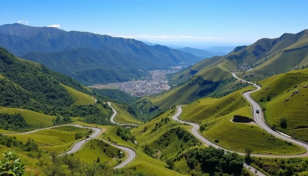 View of the mountainous landscape surrounding Manizales with winding roads leading to the city