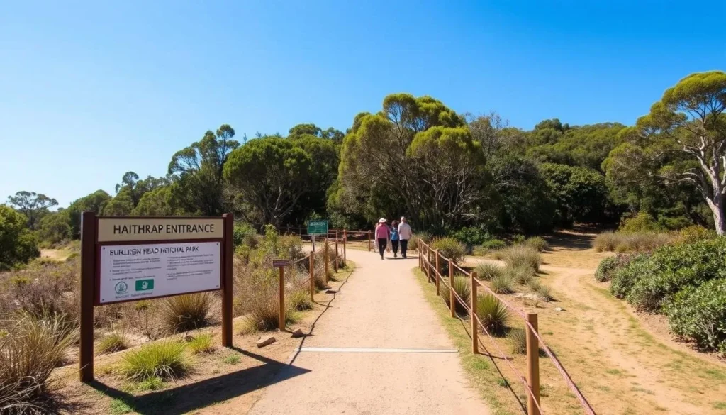 View of the northern entrance to Burleigh Head National Park with signage and walking path