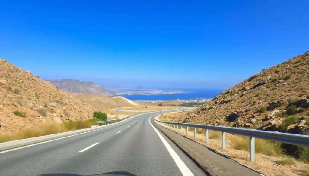 View of the road leading to Tiberias with the Sea of Galilee visible in the distance View of the road leading to Tiberias with the Sea of Galilee visible in the distance