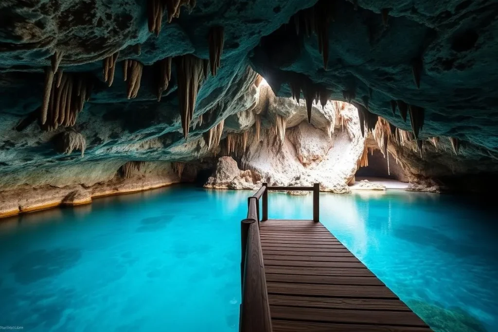 Viewing platform overlooking the crystal clear waters of Ben's Cave in Lucayan National Park