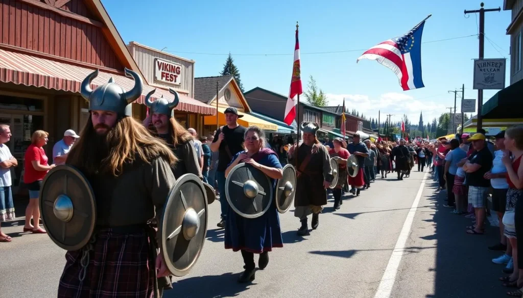 Viking Festival celebration in Poulsbo with people in traditional Norse costumes