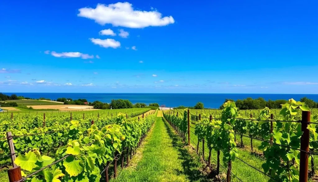 Vineyard along Lake Erie North Shore wine region with lake in background