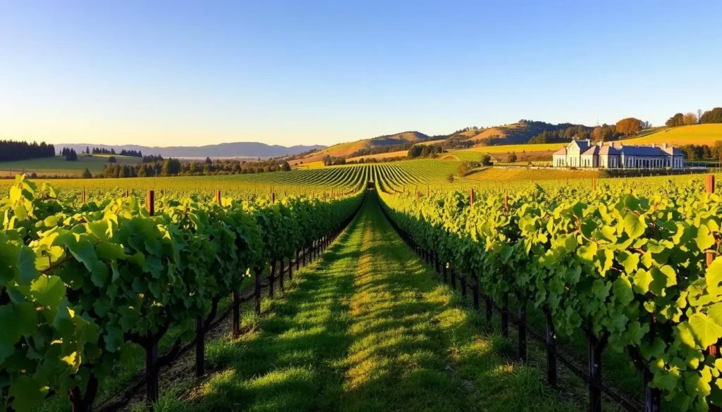 Vineyard in Hawke's Bay with rows of grapevines and winery buildings Vineyard in Hawke's Bay with rows of grapevines and winery buildings