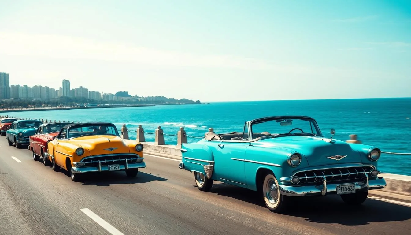 Vintage-American-cars-driving-along-Havanas-famous-Malecon-seawall-with-the-ocean-in-the Vintage American cars driving along Havana's famous Malecón seawall with the ocean in the background