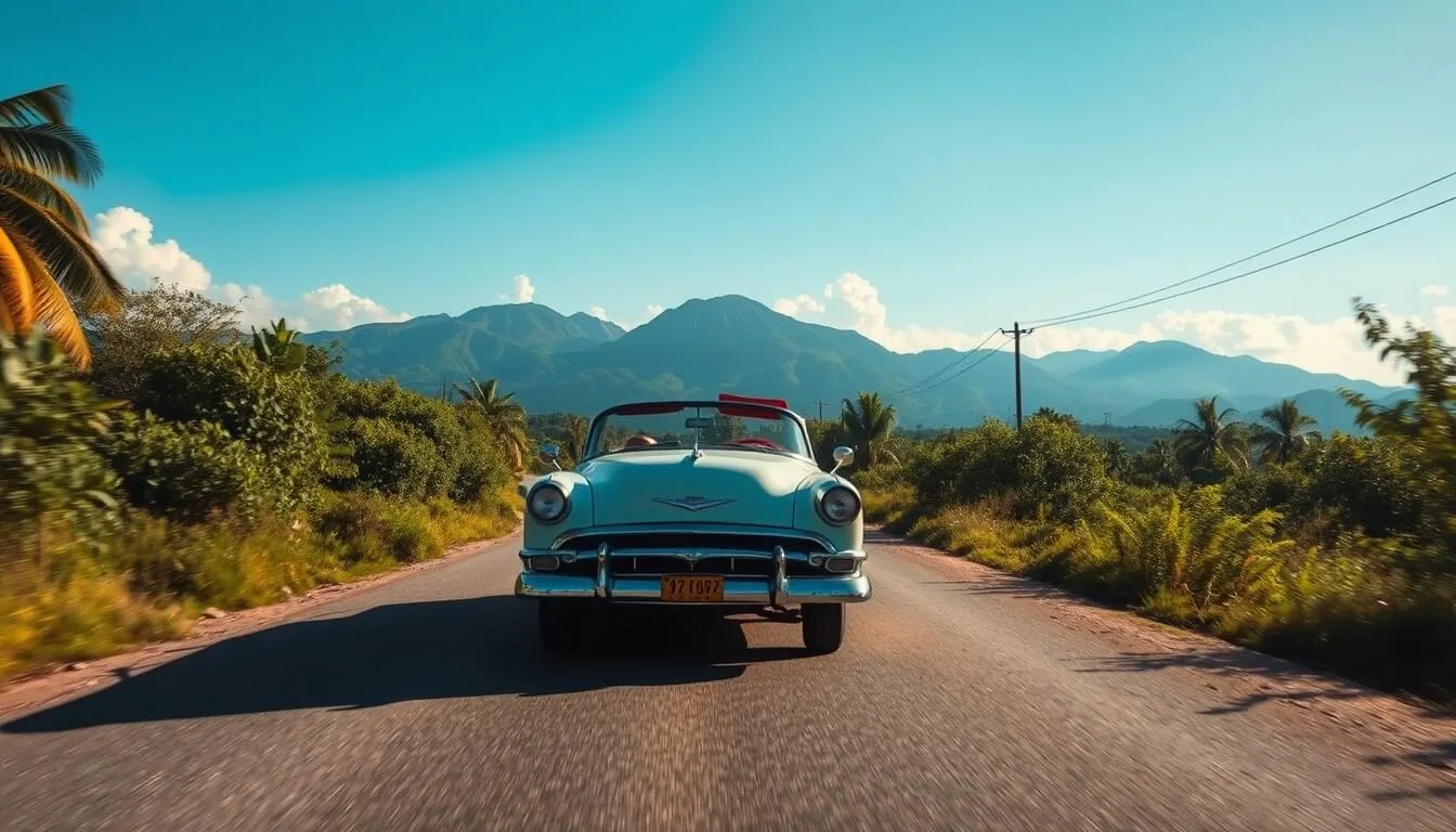 Vintage-car-driving-on-rural-road-to-Contramaestre-Cuba-with-mountains-in-background Vintage car driving on rural road to Contramaestre, Cuba with mountains in background