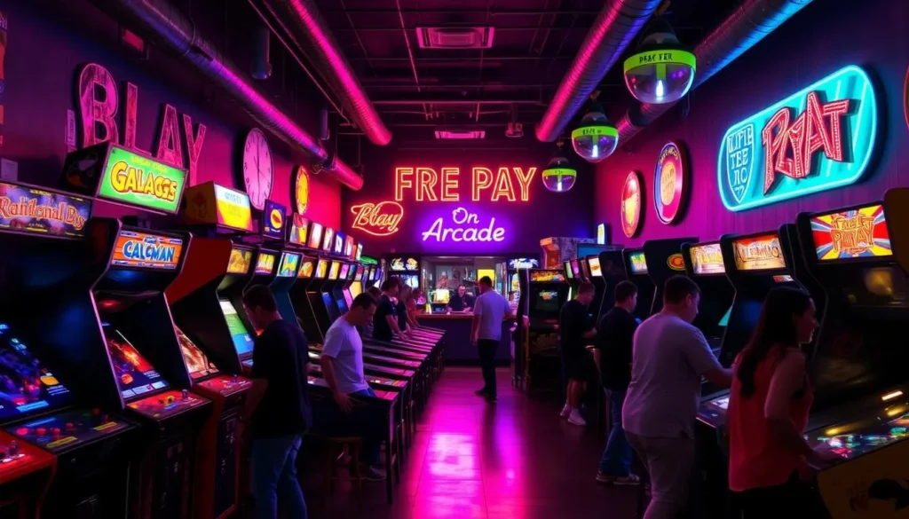 Vintage games at Free Play Arcade in Richardson with players enjoying classic titles