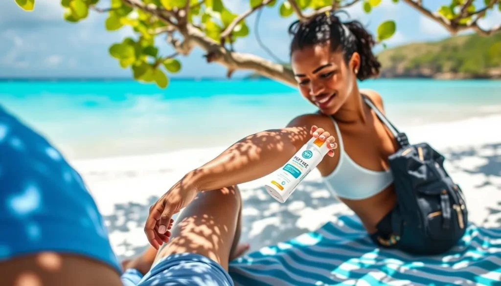 Visitor applying reef-safe sunscreen at Darkwood Beach, Antigua and Barbuda