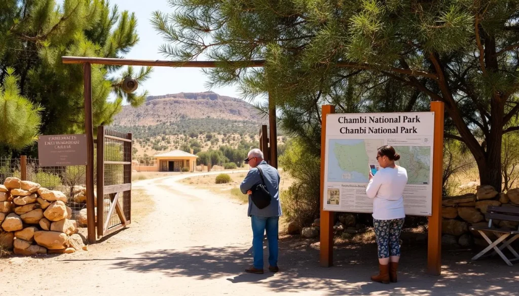 Visitor at Chambi National Park entrance with information sign