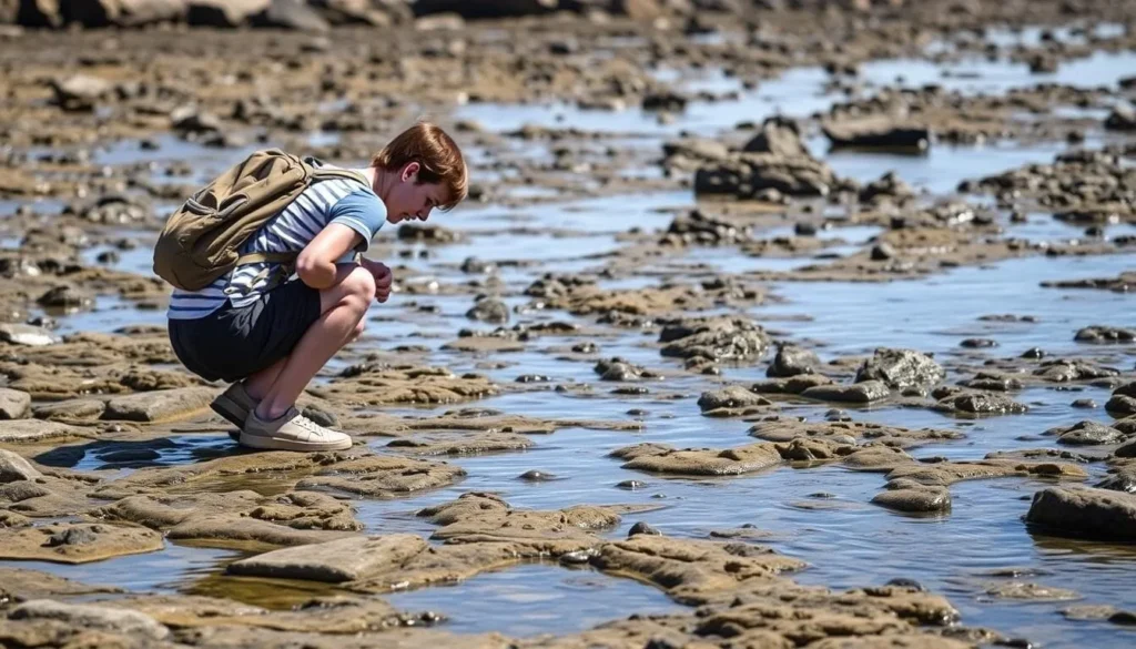 Visitor carefully exploring tide pools at Bean Hollow State Beach