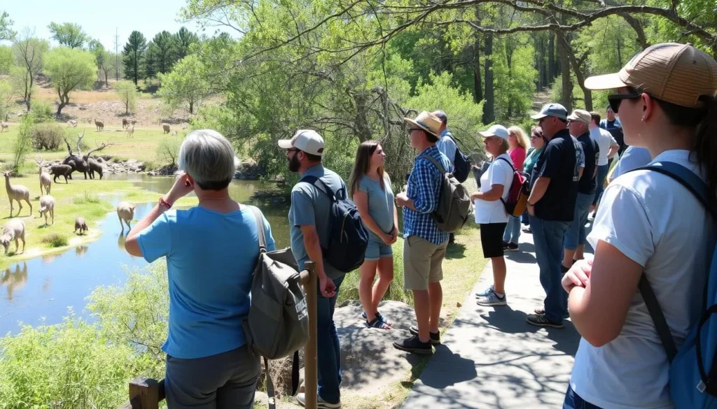 Visitor carefully observing the natural features at Lafayette Blue Springs without disturbing wildlife