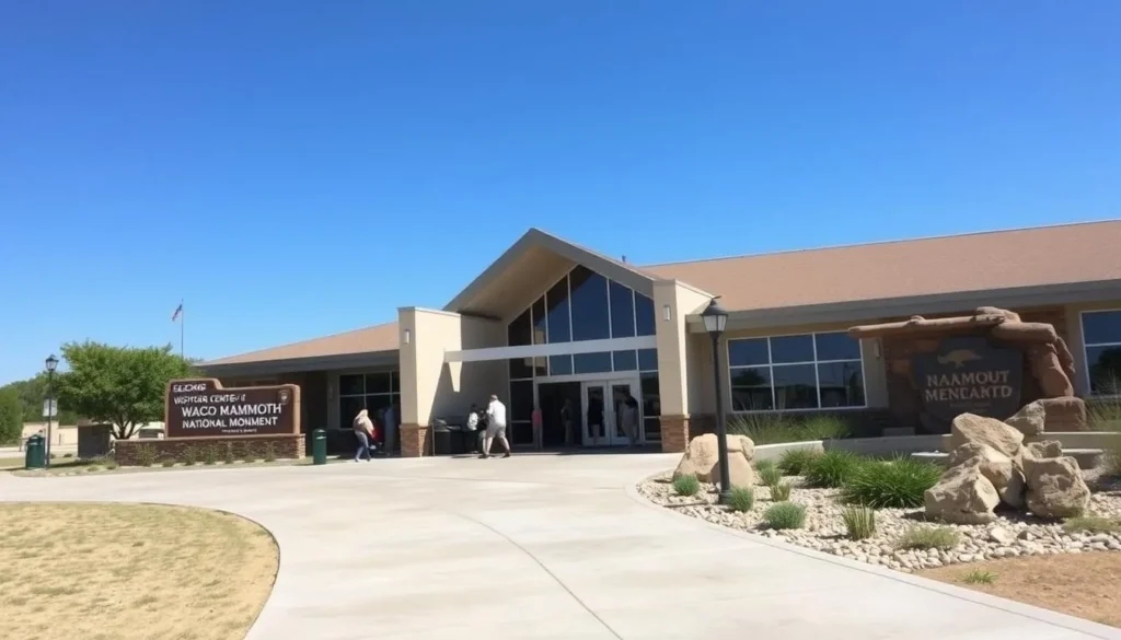 Visitor center and entrance to Waco Mammoth National Monument on a sunny day