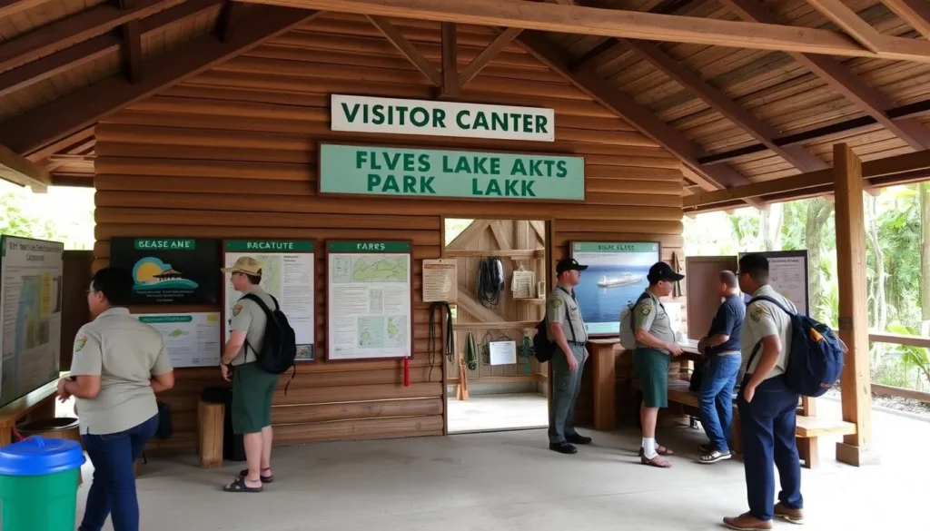 Visitor center at Five Blues Lake National Park with information displays and trail maps