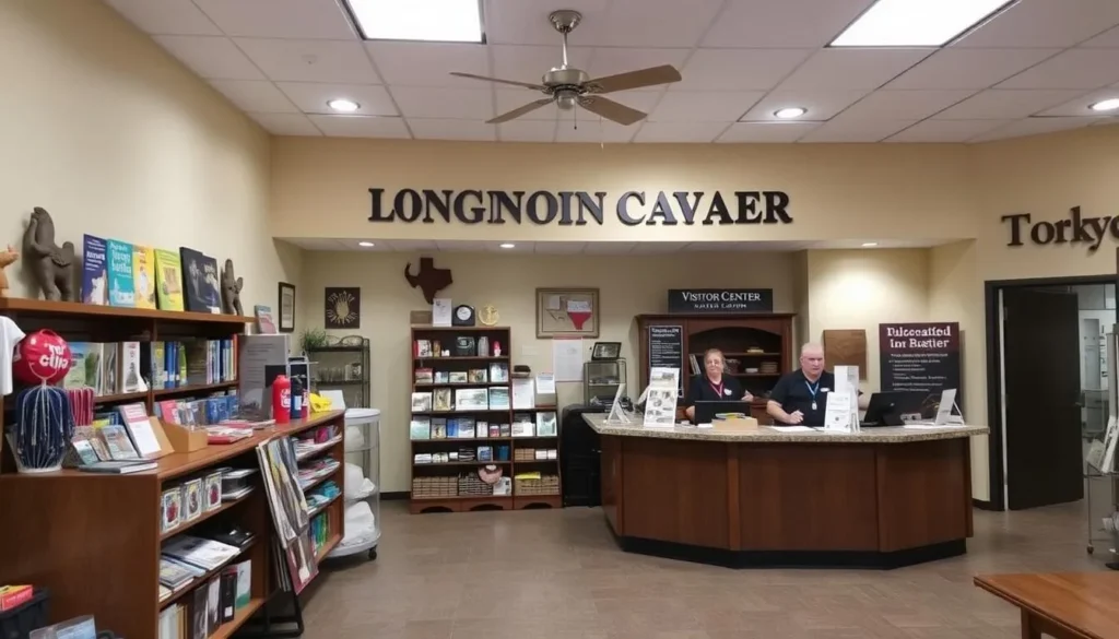 Visitor center at Longhorn Cavern State Park, Texas showing the gift shop and tour information desk