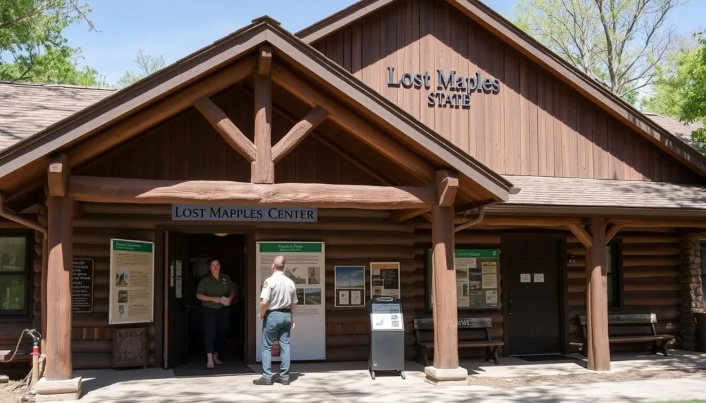 Visitor center at Lost Maples State Natural Area with information displays and park rangers