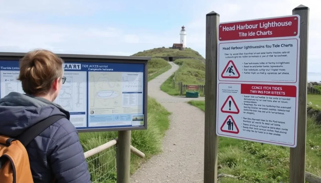 Visitor checking tide charts at Head Harbour Lighthouse access point on Campobello Island, Maine