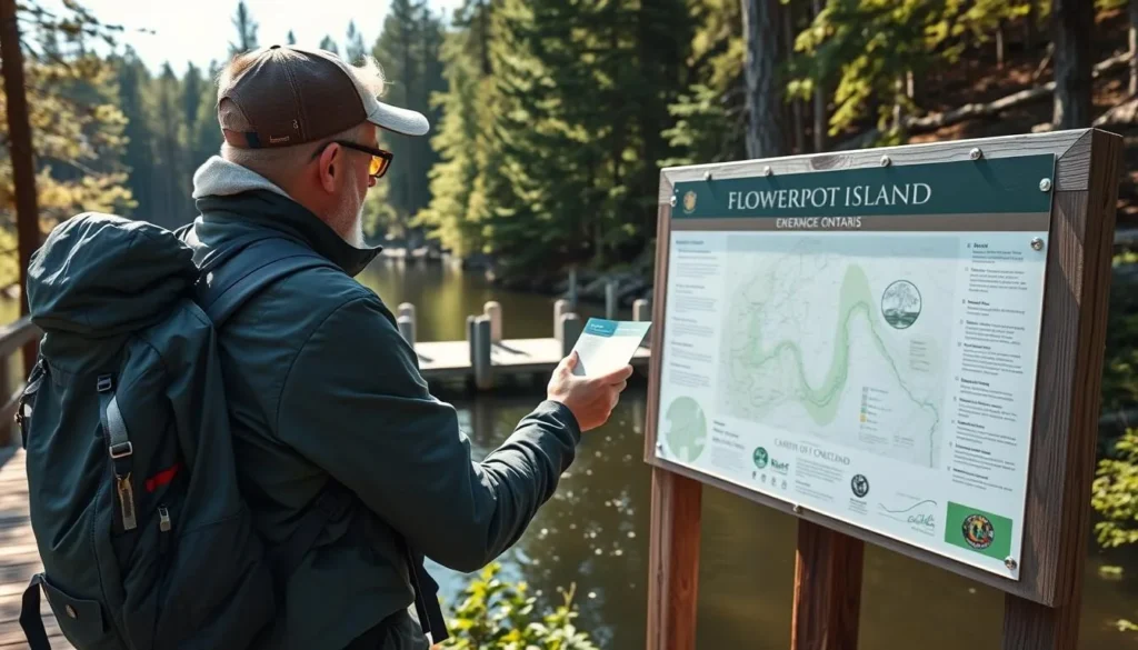 Visitor checking trail map at Flowerpot Island information board