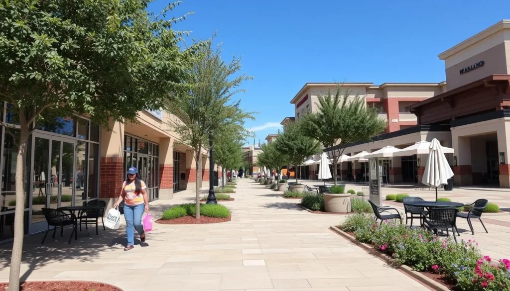 Visitor enjoying Pearland Town Center outdoor shopping area